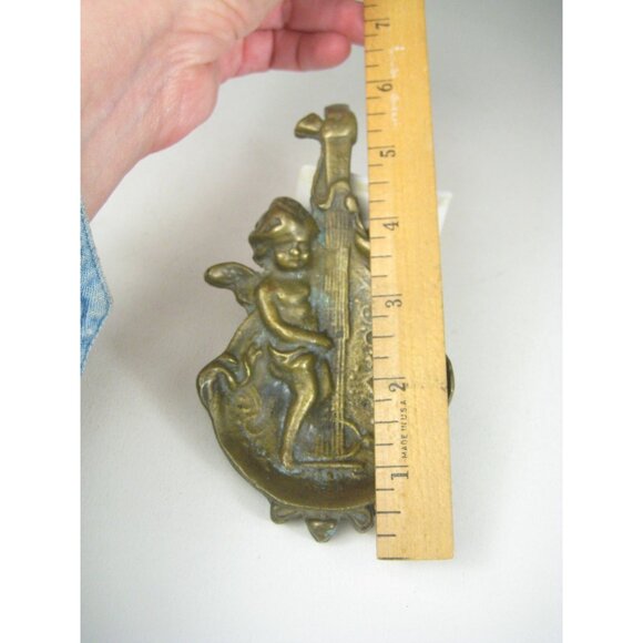 Vintage Brass Cherub Playing Cello Decorative Tray Tabletop Angel Playing Violin - Picture 6 of 12